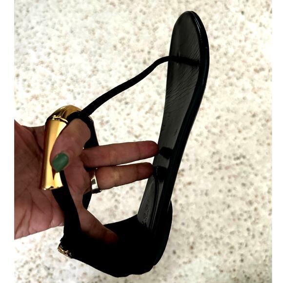 Gucci Coraline Nero Black Suede Thong T strap flats gold bamboo 2014 size 35.5 - Picture 5 of 15